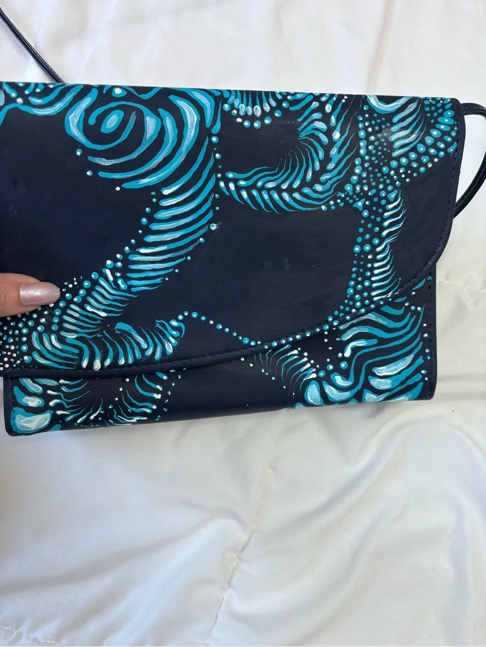 Blue Patterned Women's Crossbody Bag. Hand painted. One of a kind.